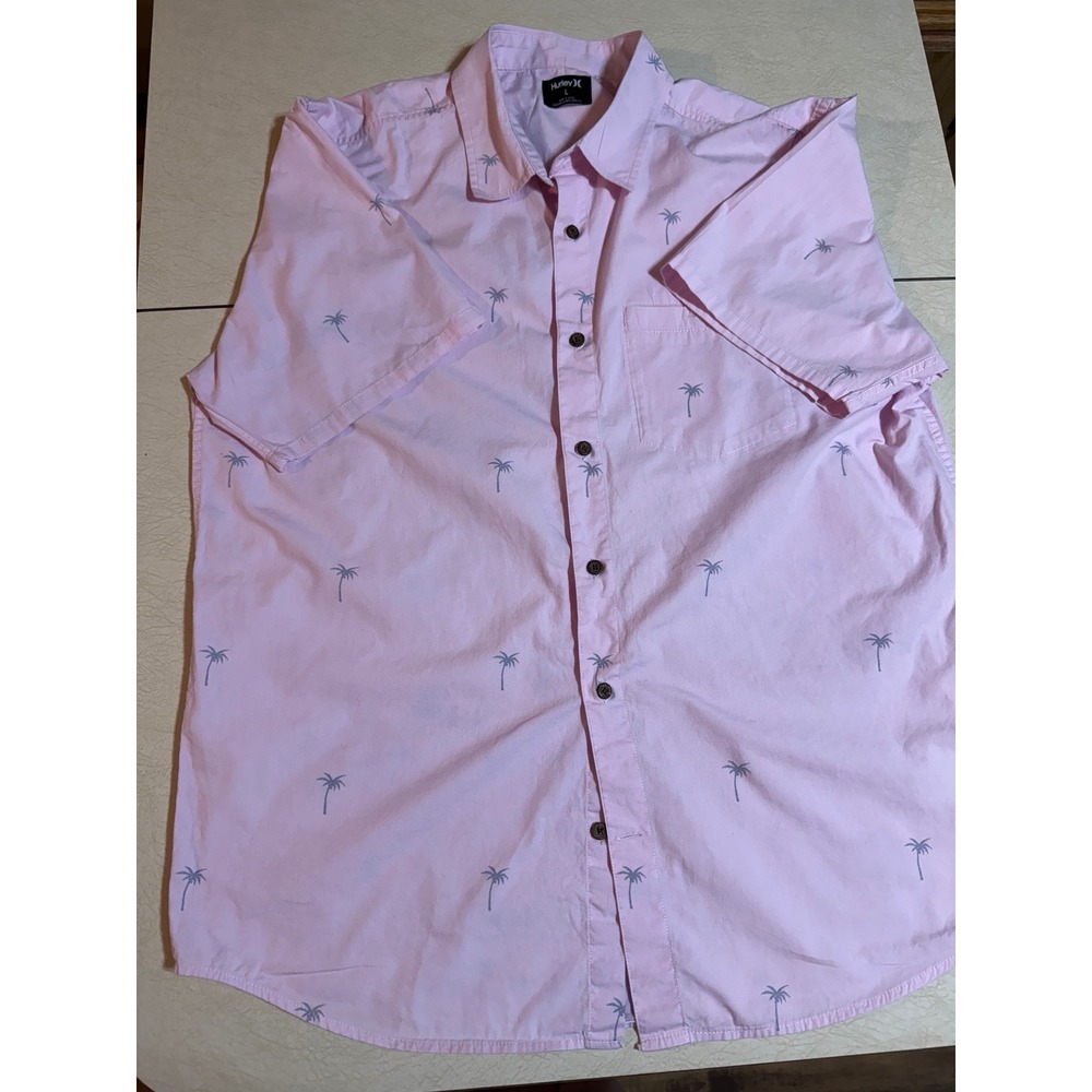 Hurley Mens Large Pink Palm Tree Print Short Sleeve Button Down Shirt